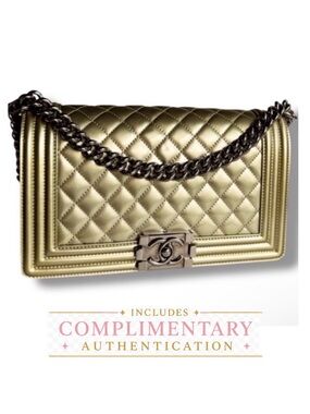 Chanel Old Medium Boy Flap Metallic Gold Patent Gunmetal HW Series 19 2014